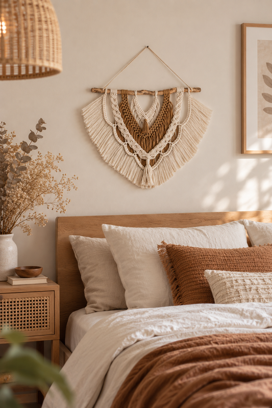 Décoration Murale en Macramé Bicolore – Écru & Mocha